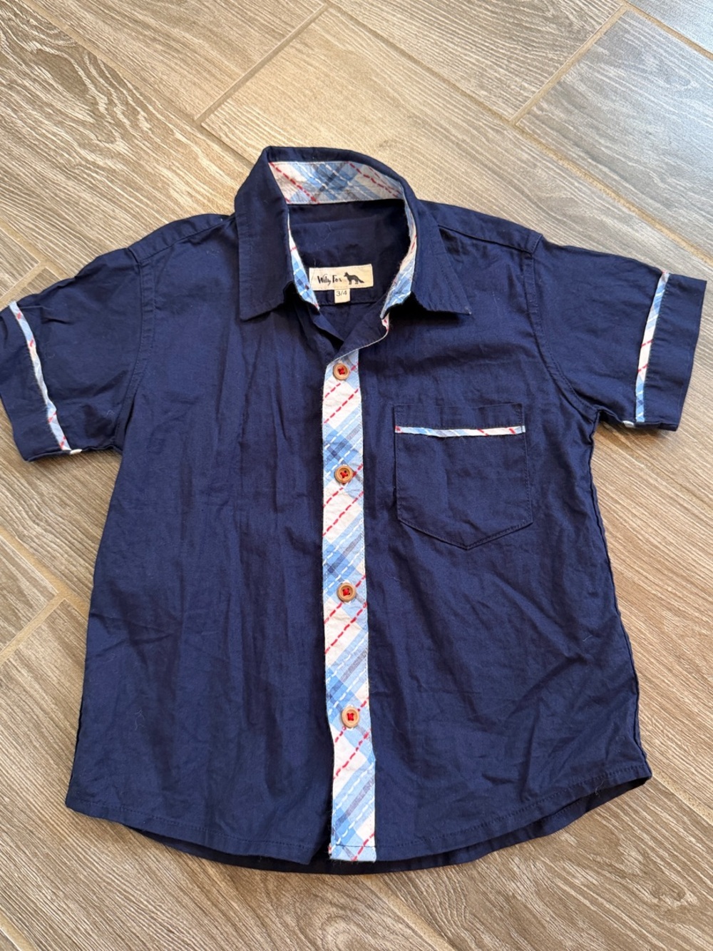 Boys 3 4 Navy 4th of July Short Sleeve Button-Down Shirt Patriotic Plaid Trim